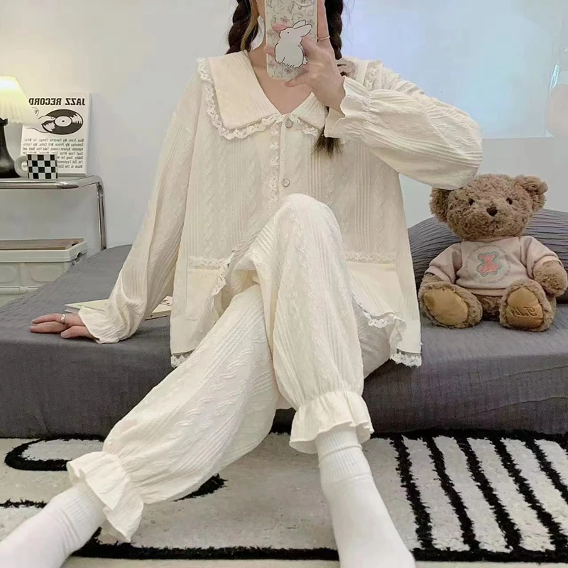 Молодежные вафельные пижамы для девочек весенне-летний милый и комплект из двух