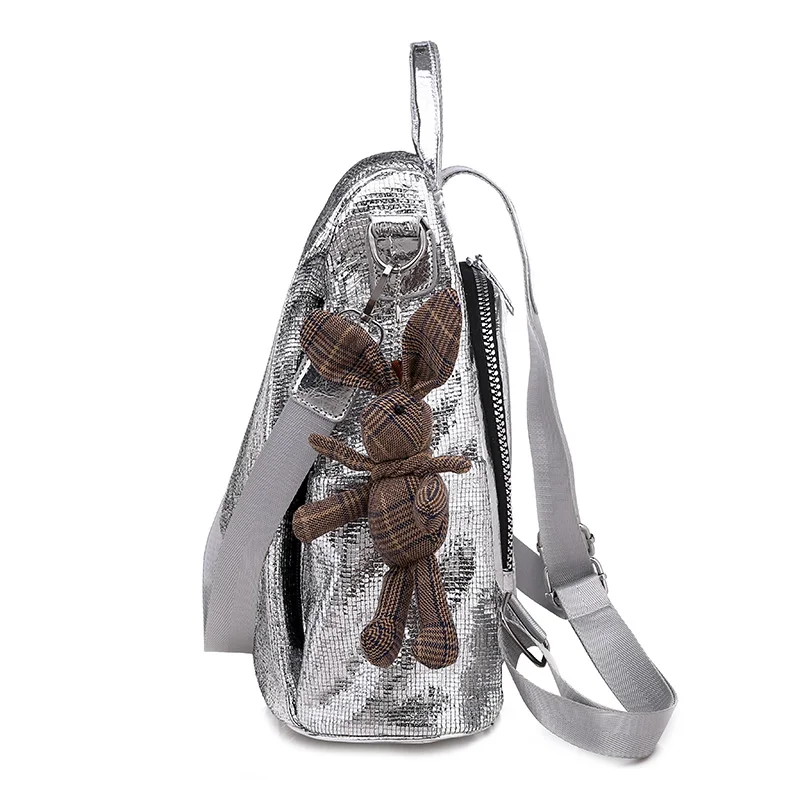 2022 New Casual Women Backpacks PU Leather Anti-Theft Black Backpack Girls School Shoulder Bag with Bear Black/Silver