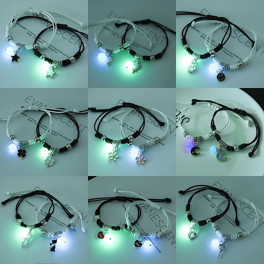 

2pcs Luminous Couple Bracelets Heart Moon Star Cross Friendship Bracelet Magnet Adjustable Charm Bracelet Love Jewelry Gifts