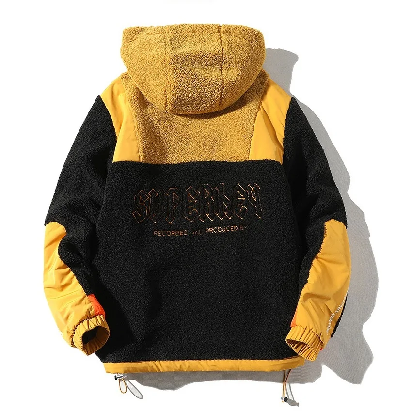 Color-blocked Stitching Imitation Lamb Wool Jackets Men Autumn and Winter Ins Trend Embroidered Hooded Warm Jacket Parka Hombre