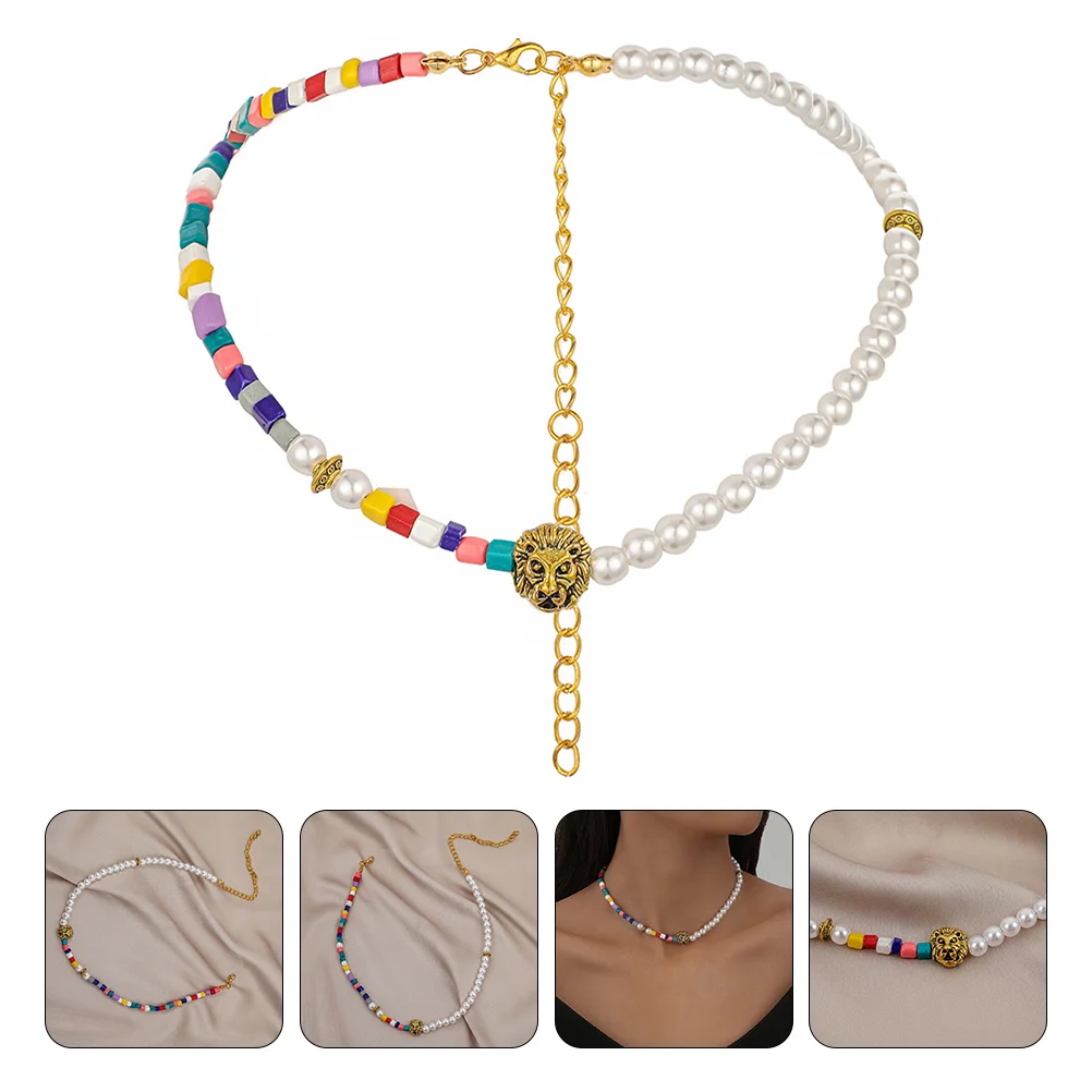 

Colorful Pearl Fashion Short Necklace Pearl Choker Chain Lion Head Necklace