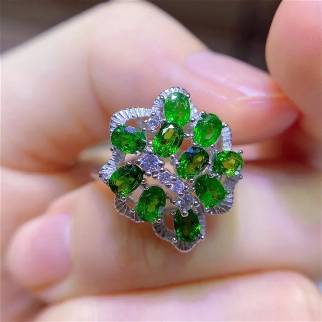 

1Pcs/Lot Natural Diopside Gemstone Ring Adjustable Size Flower Inlay 925 Silver Gift Woman Jewelry Anillos Mujer Bague Bijoux