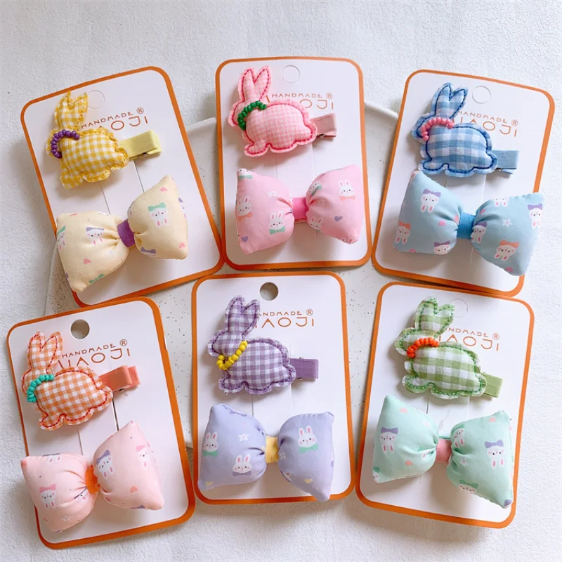 

Новинка 2023, корейский Детский милый зажим для волос в виде мультяшного кролика, модные мягкие хлопковые заколки для волос с бантом для девочек, головной убор