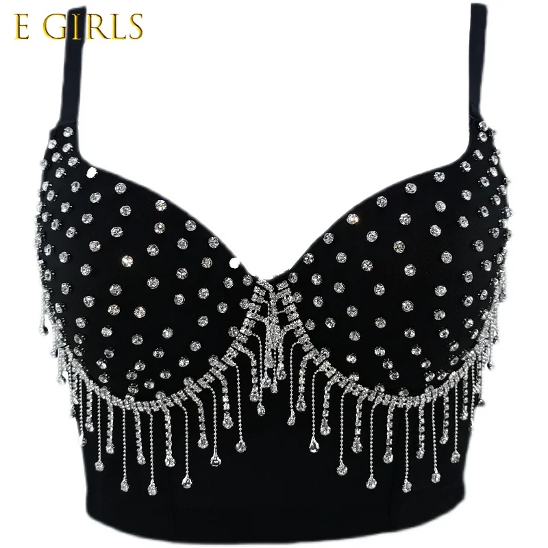 

E GIRLS New Fashion Sexy Rhinestone Tassel Chain Camisole Korean Dancer Wear Women Sleeveless Bustier Corset Crop Tops