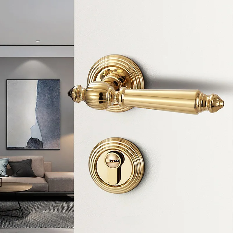 American golden door lock indoor Nordic bedroom solid wood PVD room door lock mute magnetic suction handle bright gold split loc