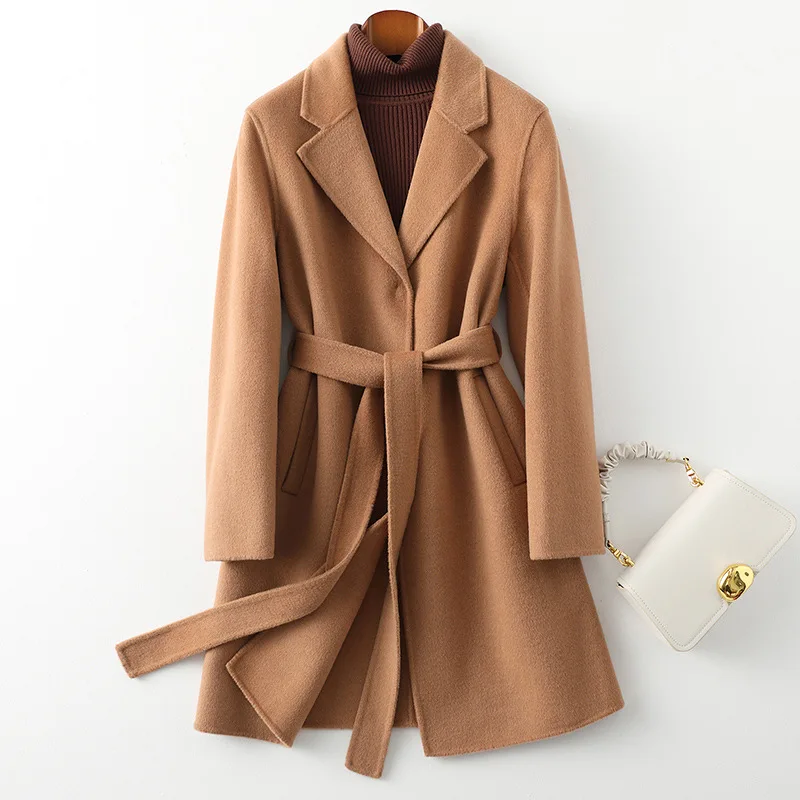 

Autumn 100% Wool Coats Women Turn Down Collar Midi Length Coats Women Woolen Coat With Belt Veste Femme Tops Abrigo Mujer