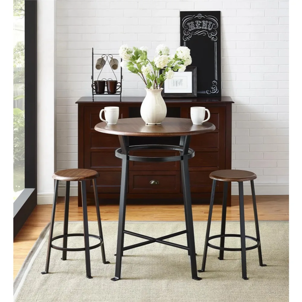 

Round 3-Piece Metal Pub Set With Wooden Top Furniture Dark Mahogany Dining Table Restaurant Tables Home Room