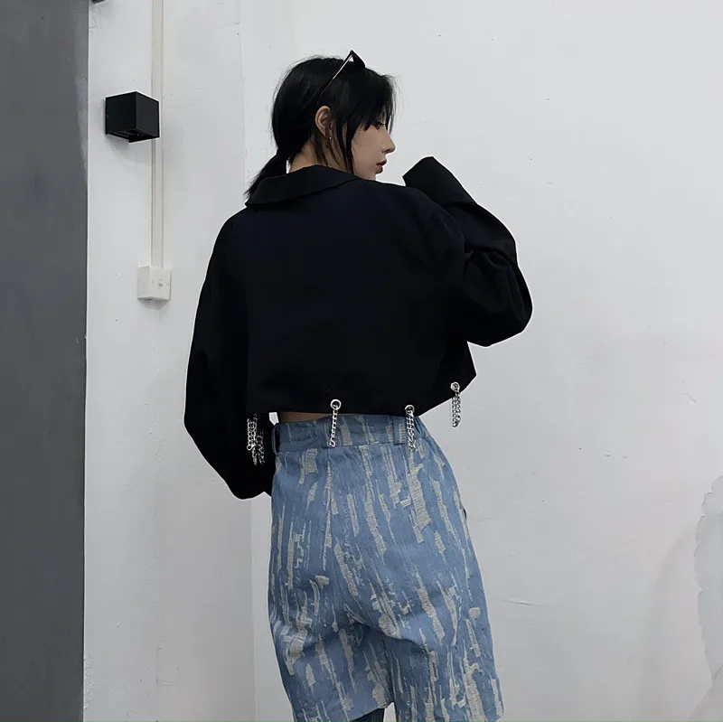 Women Turn-down Collar Long-sleeve Blazer Coats 2023 Spring Female Iron Chain Black Button Single Breasted Loose Blazer Tops New