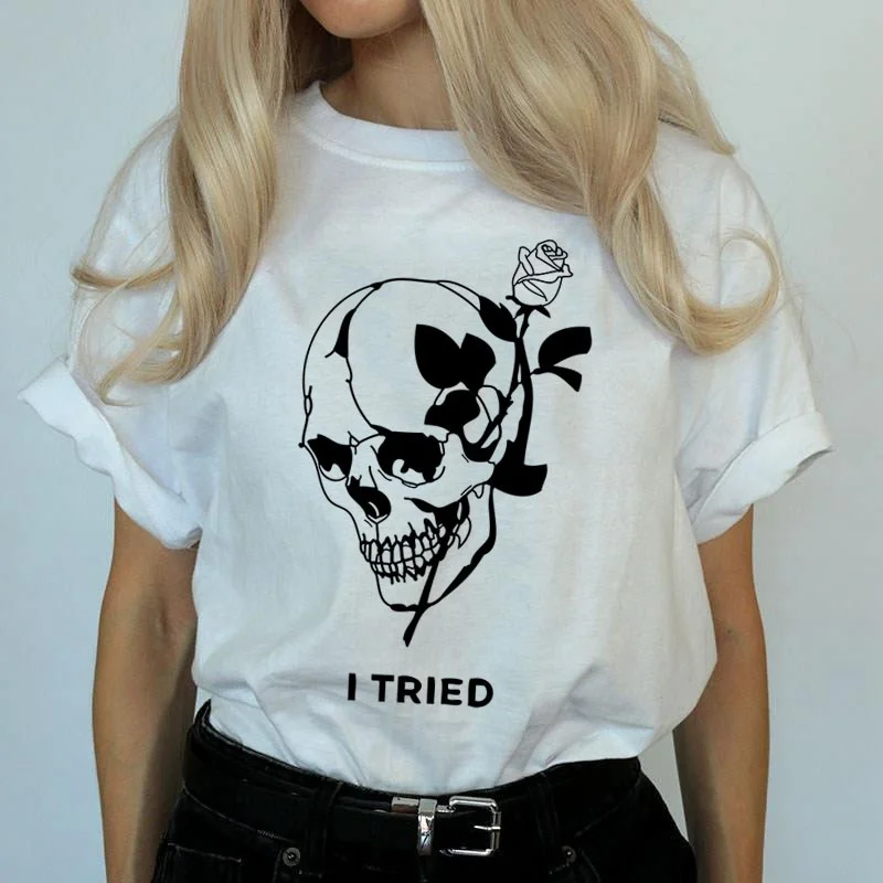 

Gothic Punk Skull Woman T-Shirt Rose I Tried Cool Grunge Flower Clothing Tee Aesthetic Graphic Summer Female Vintage Tops Shirt