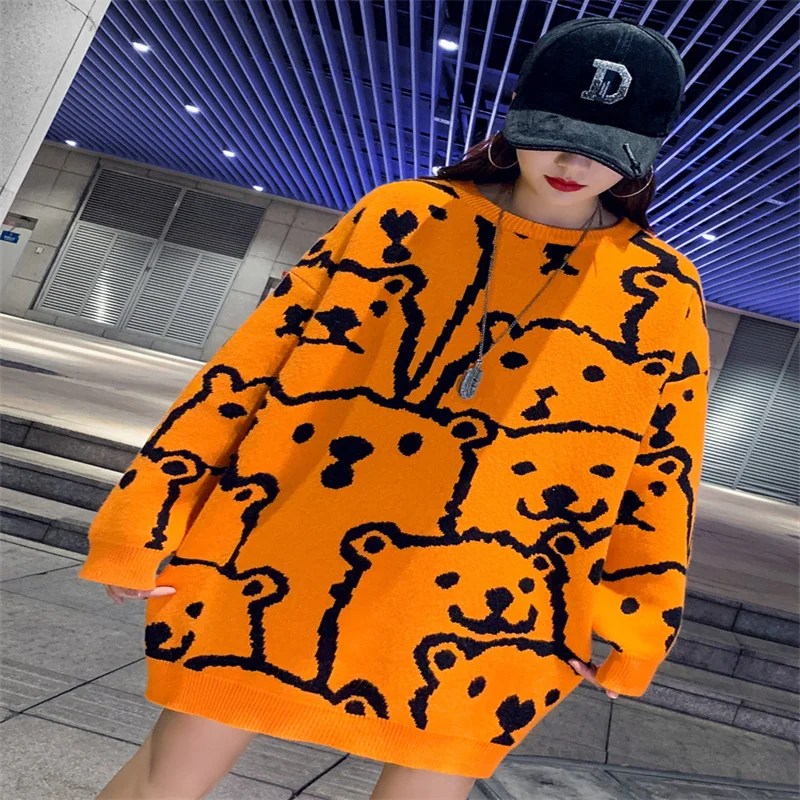 

Женский свитер средней длины Sandro River, оранжевый свитер с мультяшным медведем, женская верхняя одежда на осень и зиму, новинка 2022, Свободный Топ в западном стиле с круглым вырезом