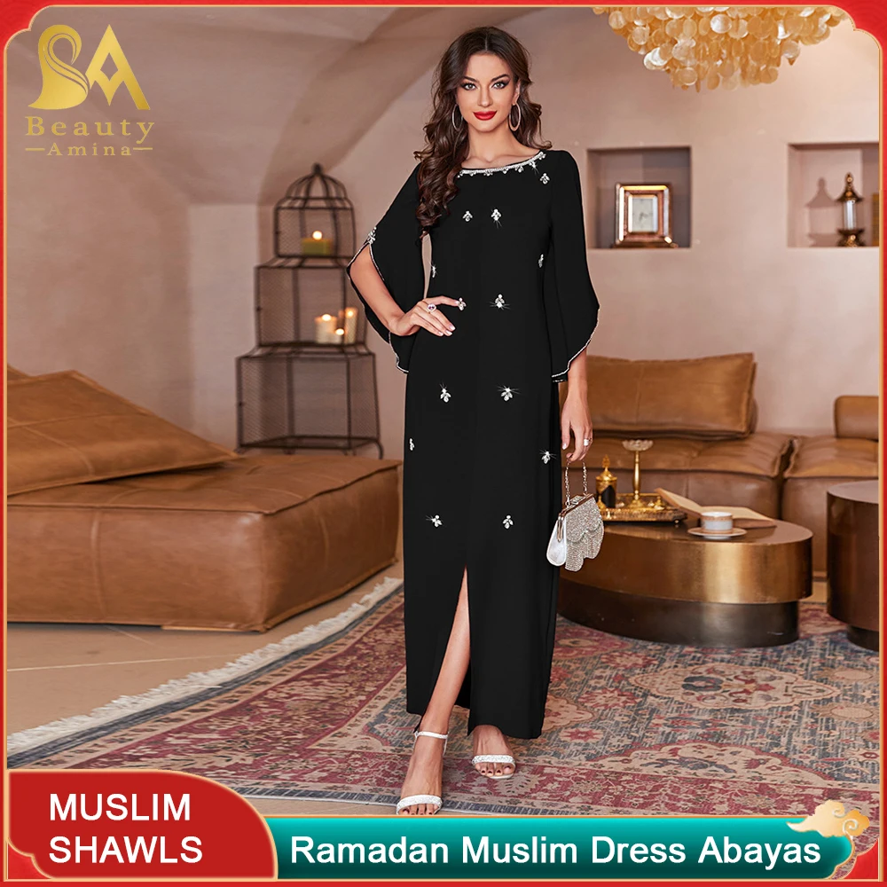 Abaya Robes Black Shoulder Neck Long Sleeve Dress Dubai Morocco Middle East Socialite Party Online Celebrity DressMuslim Sets