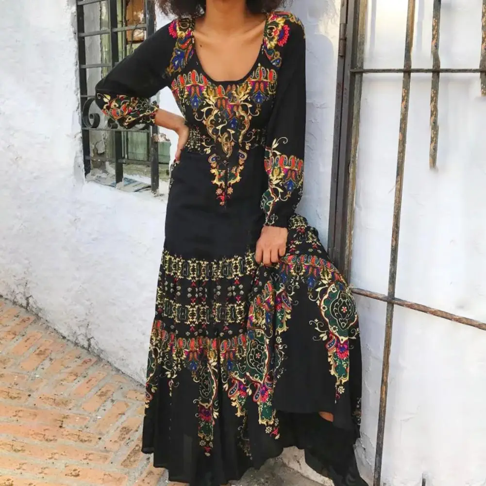 

Женское длинное платье с цветочным принтом, винтажное пляжное платье макси в стиле бохо с длинным рукавом, круглым вырезом и высокой талией,...