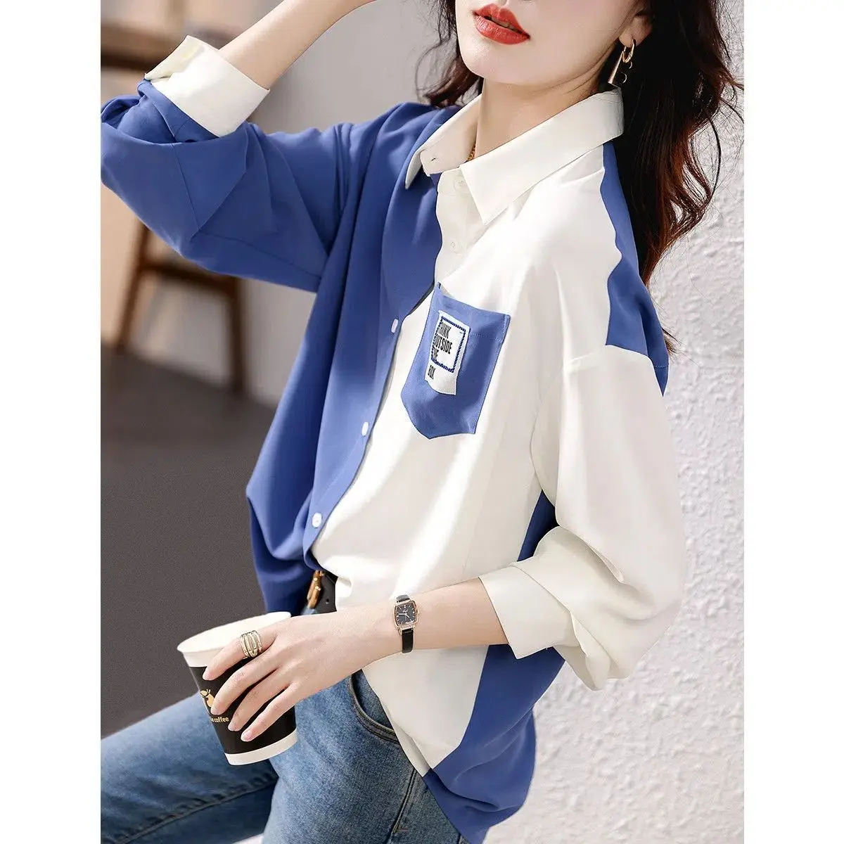 Spring Korean Fashion Blue White Contrast Shirt Ladies Casual Loose Simple All-match Top Printed Pocket Female Clothes Blouse