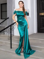 off the shoulder ruched long satin maxi dress with ribbon formal pleated leg split prom gown