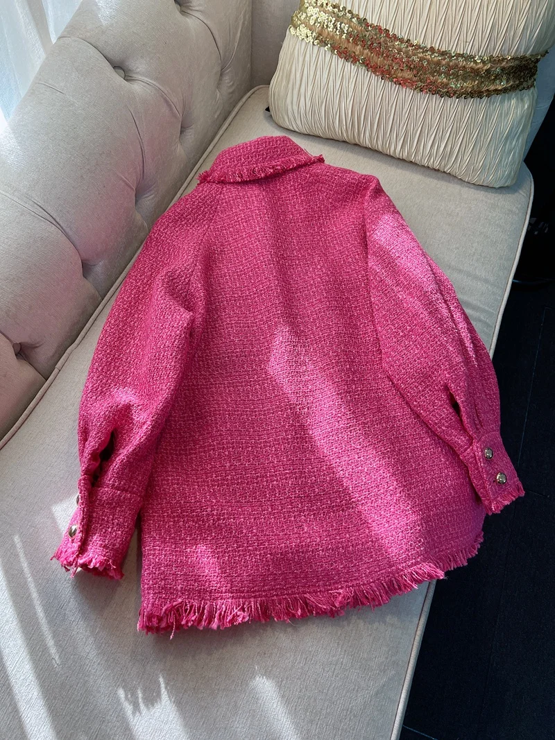 Женское винтажное пальто Lingzhiwusis розово-красное твидовое свободное повседневное