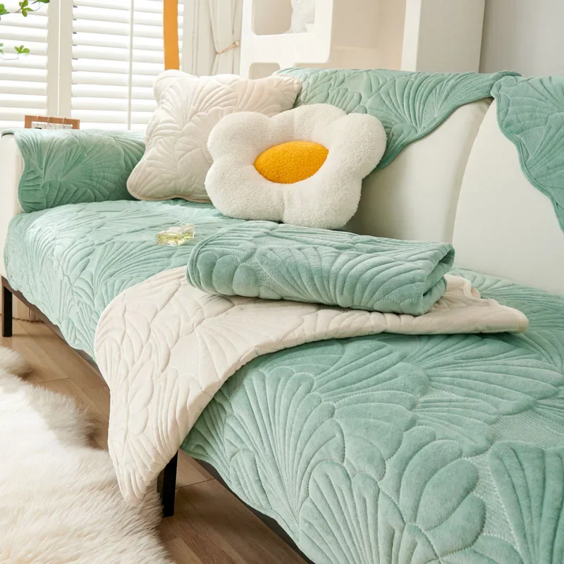 

Плотный короткий плюшевый чехол для дивана с листьями, жаккардовый коврик для дивана, нескользящий Универсальный однотонный чехол для дивана, подушка для гостиной и дома