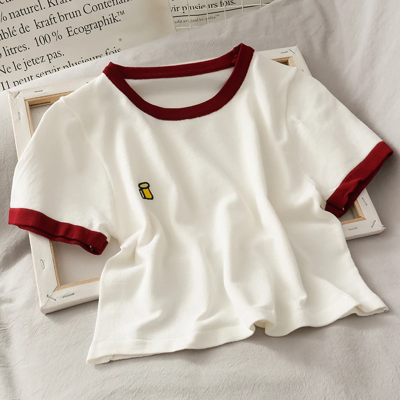 

ITOOLIN 2022 Contrast Color Casual Stretch Tshirt Womens Cotton Tshirts Summer Patch Crop Top Round Neck Short Tshirt For Women