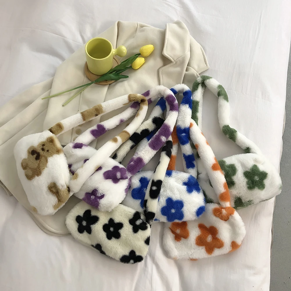 

Модные женские плюшевые сумки через плечо с цветочным принтом, женские плюшевые точечные сумки с принтом, зимние плюшевые сумки