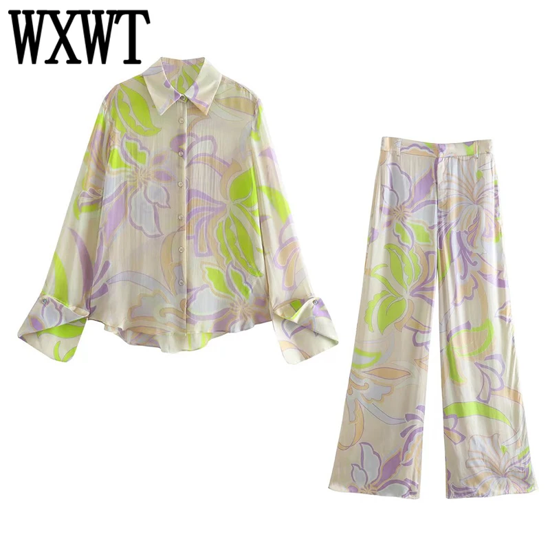 

WXWT Women Print Elegant 2 Pieces Set Long Sleeve Single Breasted Blouses Shirts And High Waist Wide Leg Pants Ensembles Femme