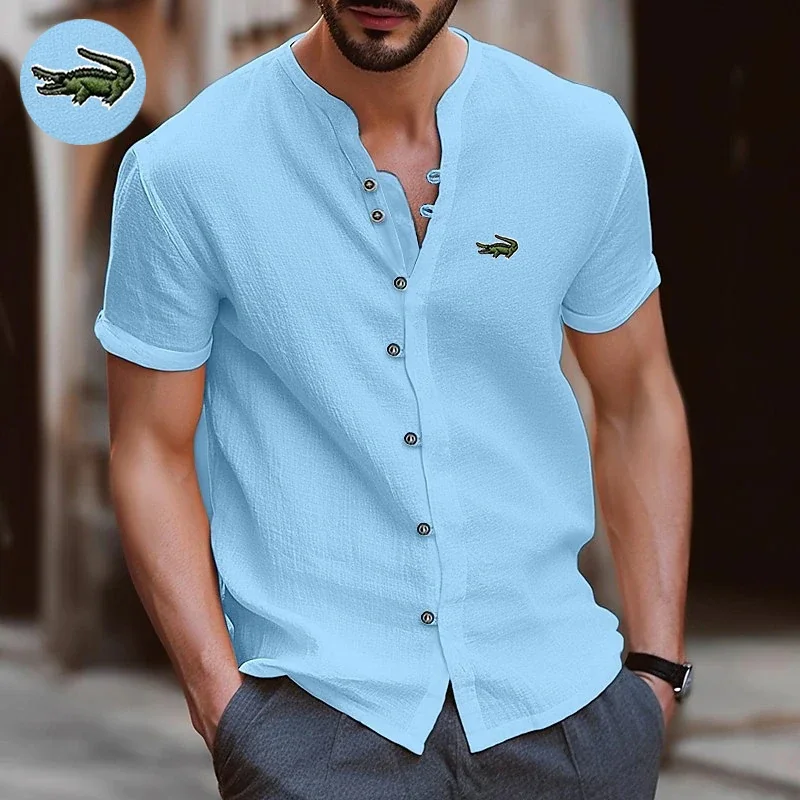 

High Quality Men's Spring/Summer New Long Sleeved Cotton Linen Embroidery Shirt Business Casual Loose Fitting T-shirt Shirt Top