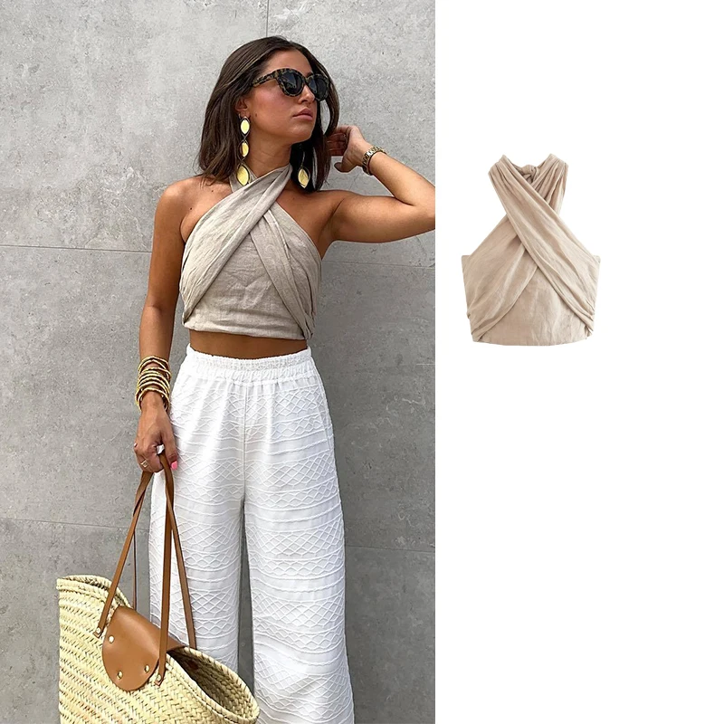 Женский укороченный топ с открытыми плечами, без рукавов, с открытой спиной