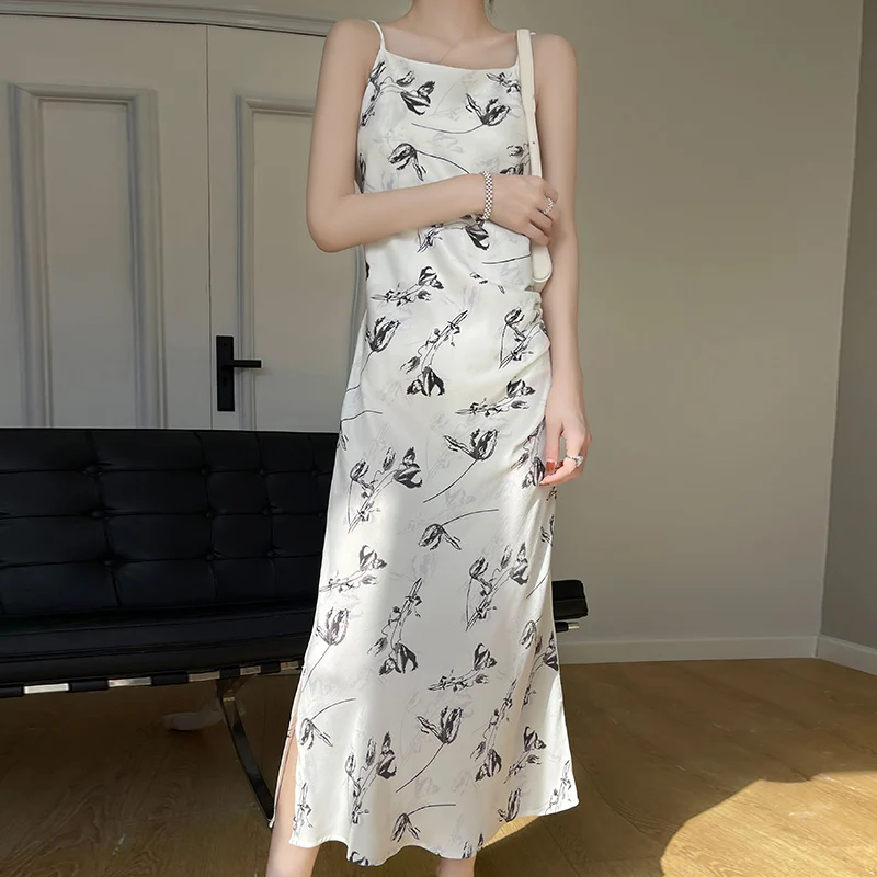 

Summer Printed Suspender Dress Female Sleeveless Split Over-The-Knee Bottoming Skirt Simulation Satin Face National Wind A-Line