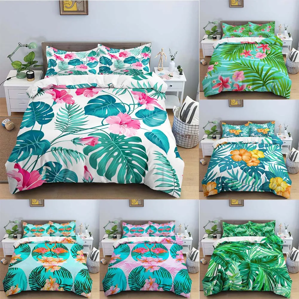 

3D Tropical Leaves Bedding Set Flower Duvet Cover Quilt Cover With Zipper Queen Double Comforter Sets Best Gifts No Bed Sheet