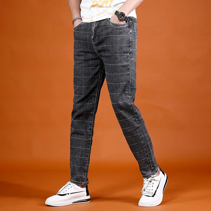 Summer Plaid Pants Men Jeans Fashion Casual Regular Straight Dark Gray Cotton Denim Trousers