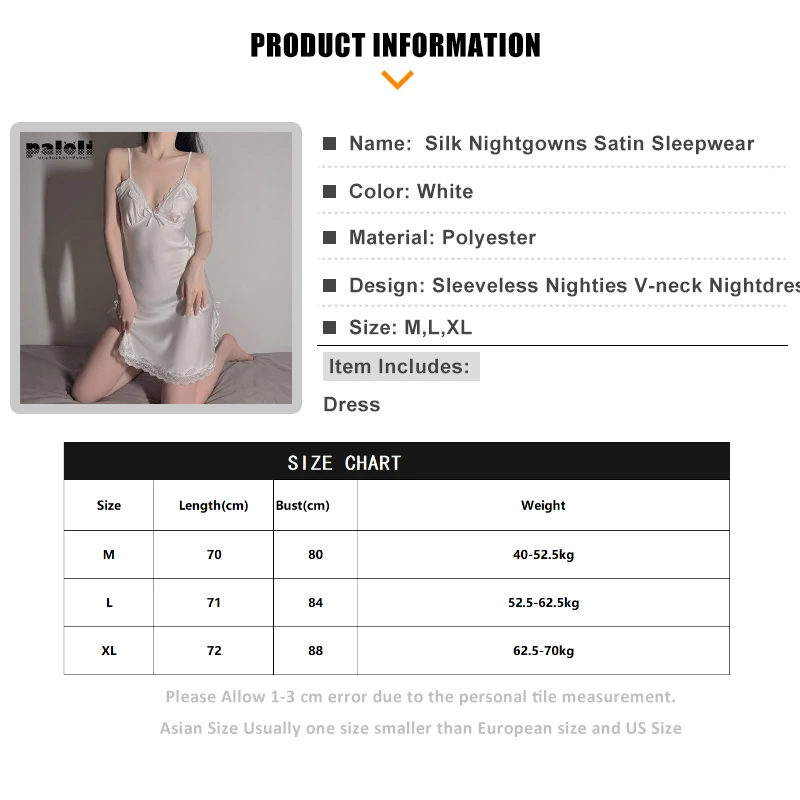 Women Sexy Lingerie Silk Nightgowns Satin Sleepwear Sleeveless Nighties V-neck Nightdress Female Night Home Cloth White Dress