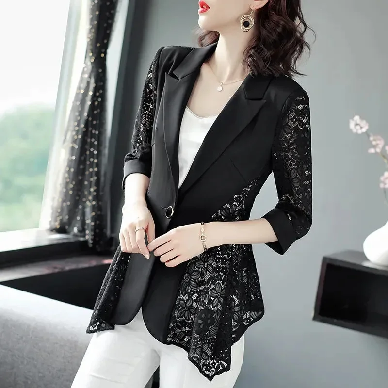 

Women Summer New Lace Stitching Fashion Temperament Slim Cardigan Rich Lady Tai Western Style Thin Pure Colour Suit Short Coat