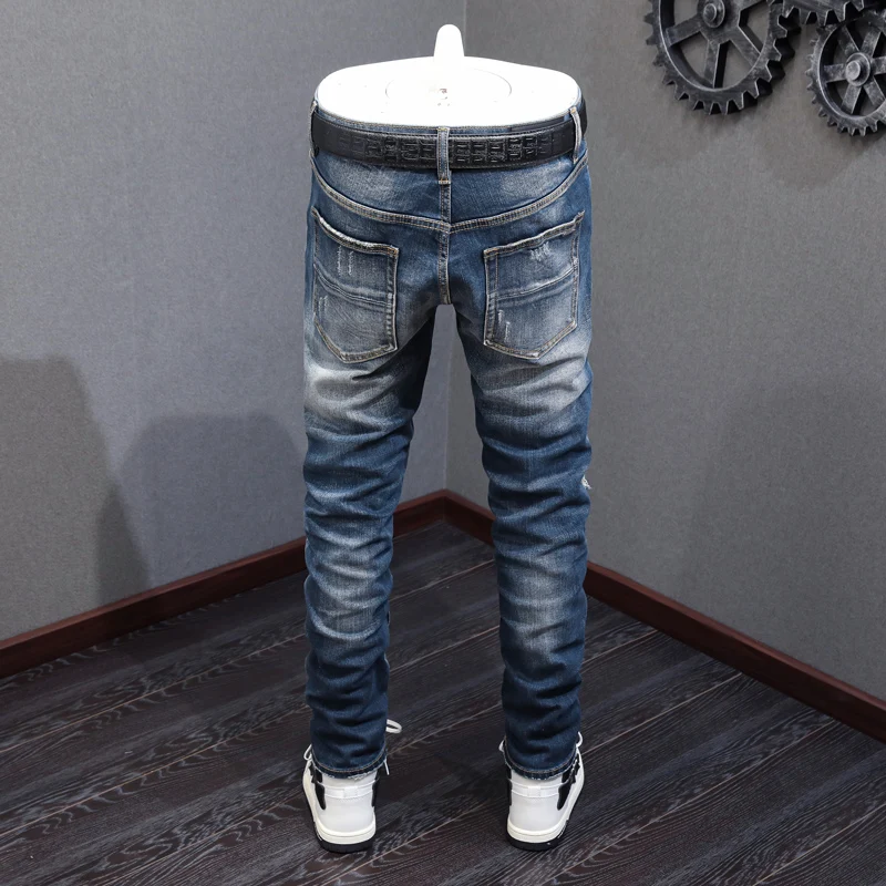 High Street Fashion Men Jeans Retro Blue Elastic Stretch Skinny Ripped Jeans Men Red Patched Designer Hip Hop Brand Pants Hombre