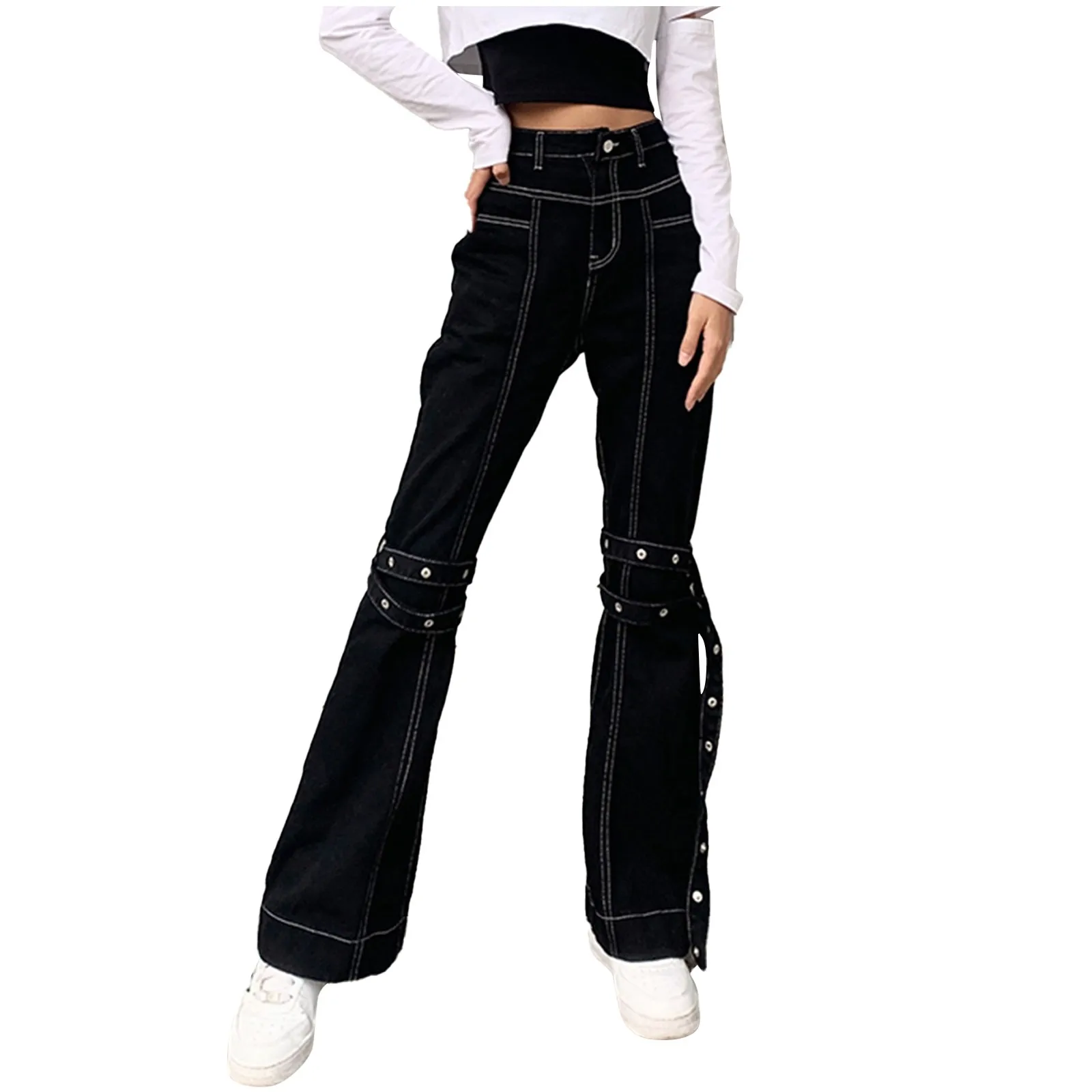 

Women's Casual High-waisted Casual Trouse Solid Color Lace Up Ankle Length Button Up Flare Harem Pants trouser casual Pant