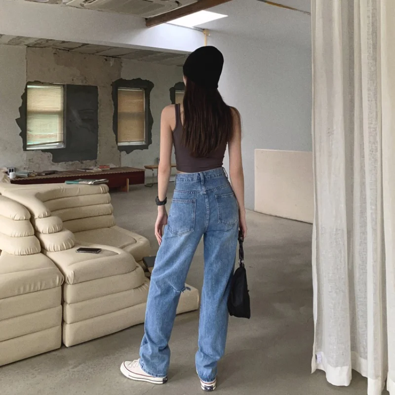 2021 New Summer Women High Waist Straight Jeans Street Style Casual Ripped Hole Jeans Female Blue Washed Loose Pop Denim Pants