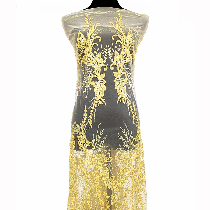 

Блестящая кружевная ткань цвета шампанского с золотыми бусинами, 5 ярдов, французское Тюль высокого качества, африканские вечерние платья, ...