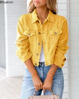 2022 new women jeans jackets single breasted design turn down collar long sleeve spring autumn slim cardigan denim coat female