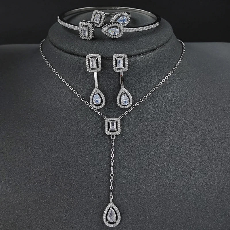 

Dubai Jewelry Sets White Gold Color Four-piece Necklace Bracelet Ring Earrings Luxury Ladies Green Jewelry Sets Christmas Gifts