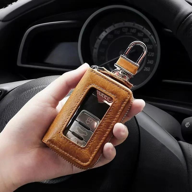 Hot Selling Fashionable Top Coat, Oil Wax Leather, Transparent Window Lock, Men's And Women's Universal Car Key Bag