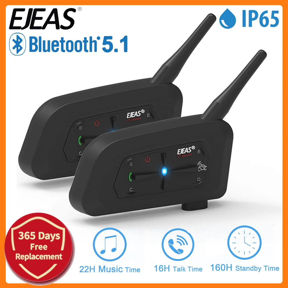 EJEAS V7 7 Riders Motorcycle Helmet Headset Intercom with 700M Bluetooth5.0 Interphone Communicator IP65 Waterproof Music Time