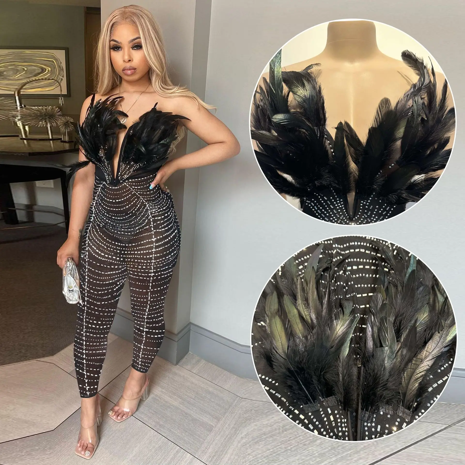 Sexy Feather Diamonds Patchwork Mesh Women Jumpsuit V Neck Strapless Bodycon Pants One Piece Club Party Romper Luxury Playsuits