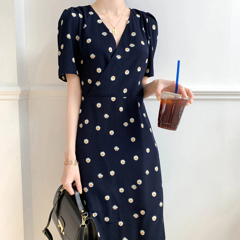 

French Daisy Floral Printed V-neck Party Mid Dress Women 2021 Summer Autumn Elegant Office Ladies Vintage Slim Bodyone Dresses