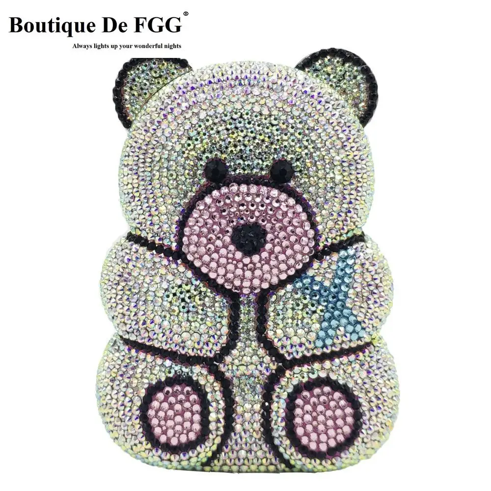 Boutique De FGG 3D Bear Teddy Shape Women Silver Pink Crystal AB Evening Clutch Handbags and Purses Diamond Wedding Party Bag