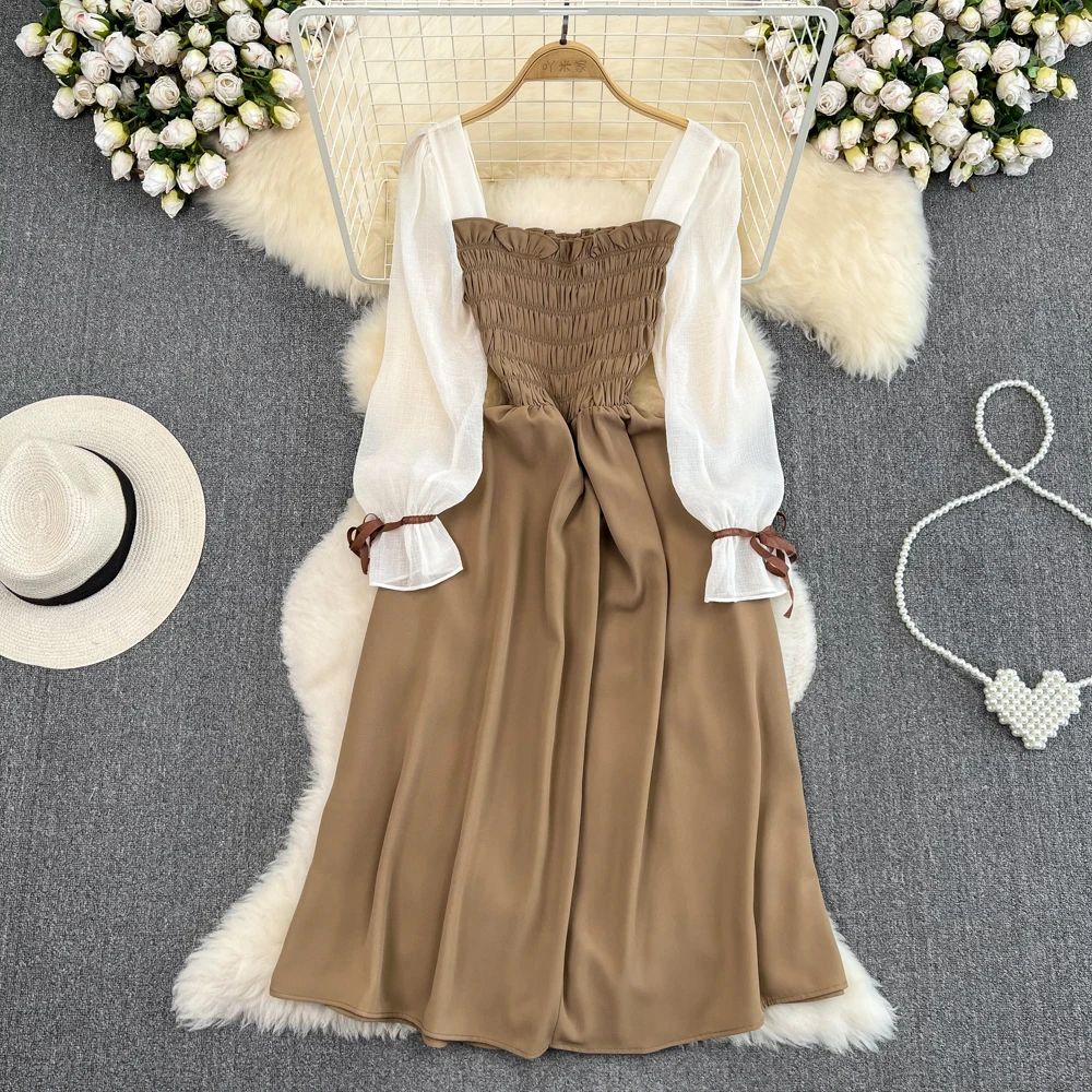 

Платье средней длины в стиле Хепберн, контрастное облегающее платье с длинными рукавами и квадратным воротником, весна-осень