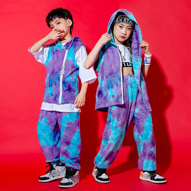 

Children'S Ballroom Hip-Hop Dance Clothing For Girls Tie-Dye Hoodie Hiphop Suits Girls Boys Jazz Dance Stage Costumes DQS9096