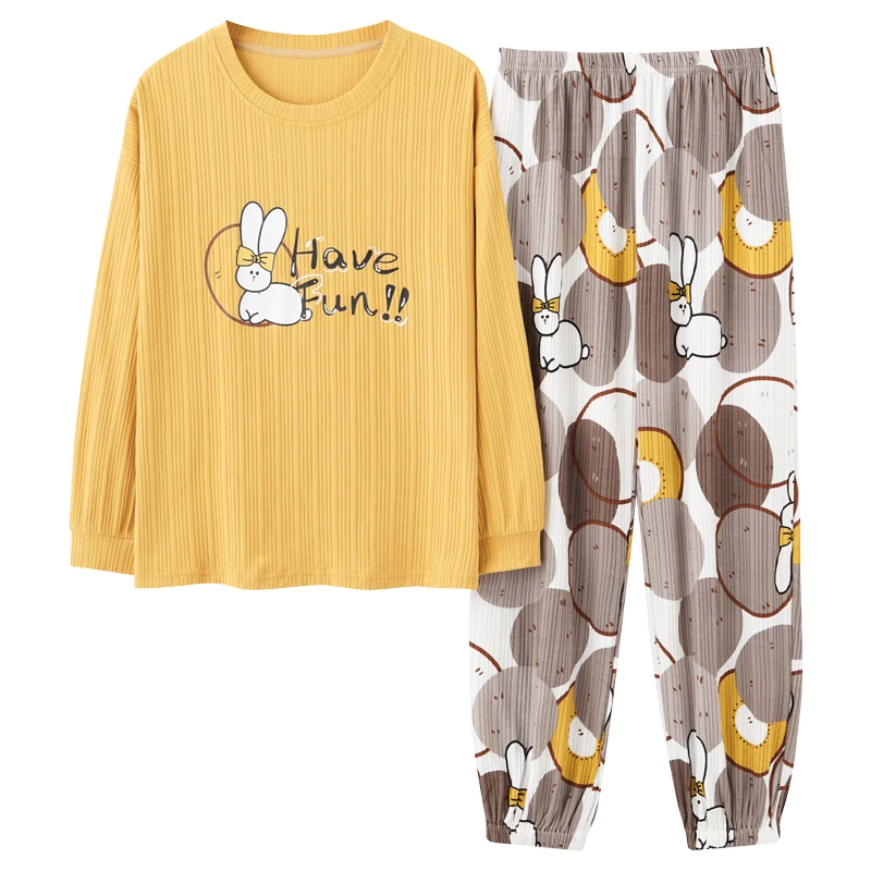 Pajamas Female Alphabet Rabbit Cotton Long-sleeved Trousers Sweet and Cute Can Be Worn Outside Home Clothes