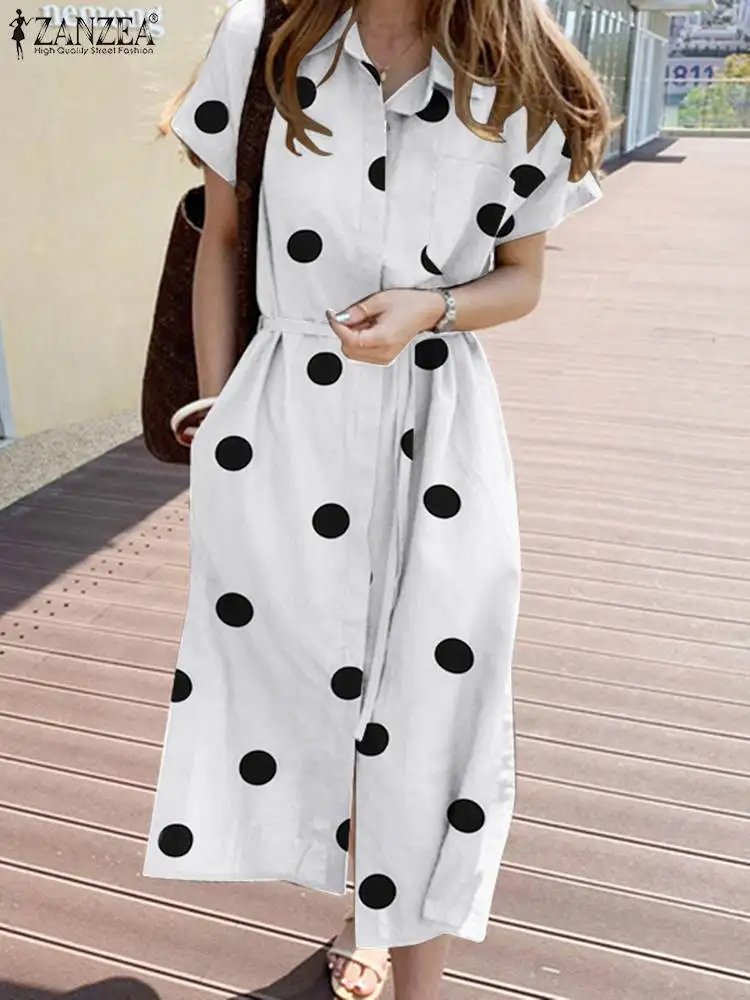 

ZANZEA Summer Bohemian Women Dress Polka Dots Printing Lapel Neck Short Sleeve Sundress Vintage Elegant Holiday Beach Vestidos