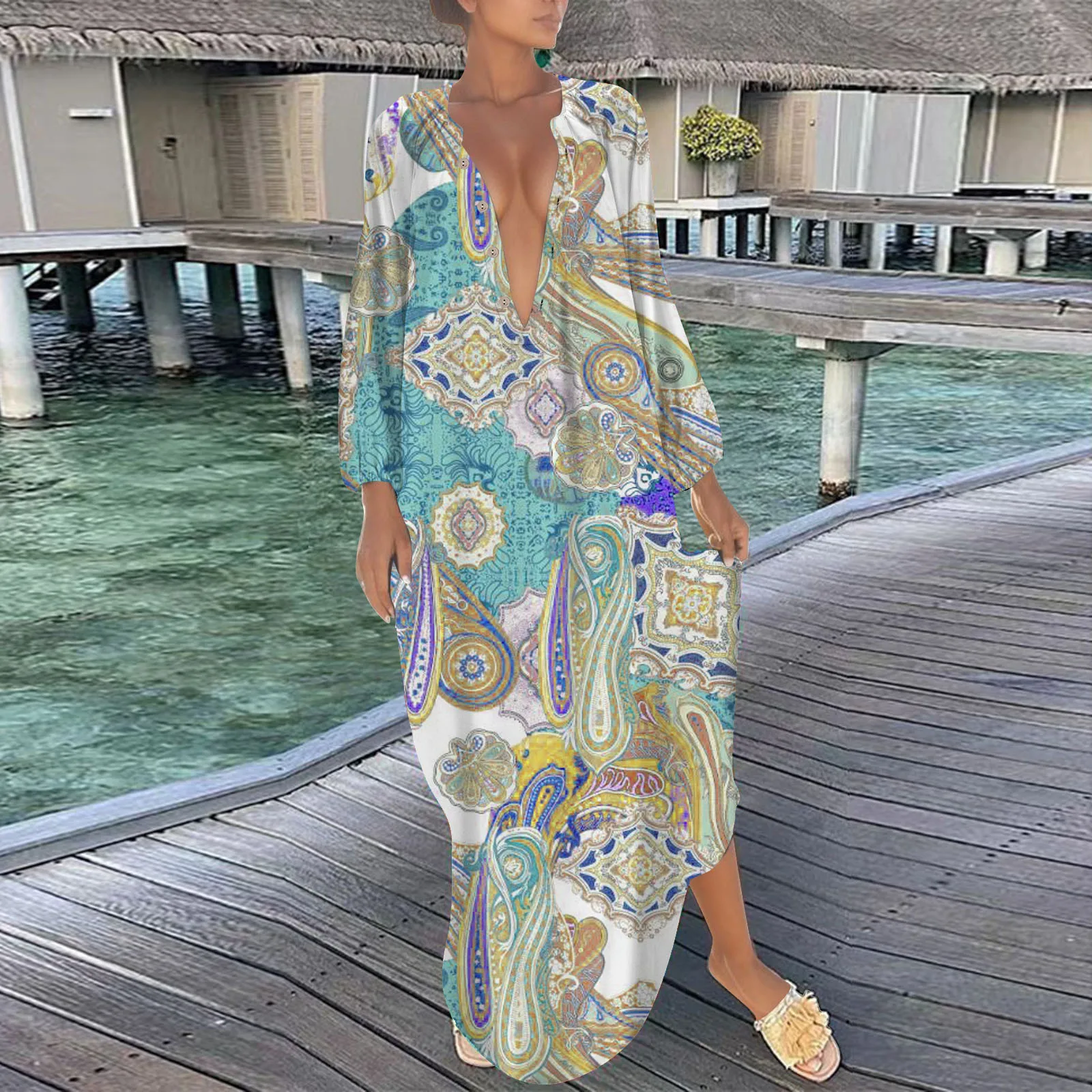 

Женское винтажное платье макси с принтом, длинное пляжное платье с глубоким V-образным вырезом и длинным рукавом, элегантная накидка в стиле бохо, лето 2023