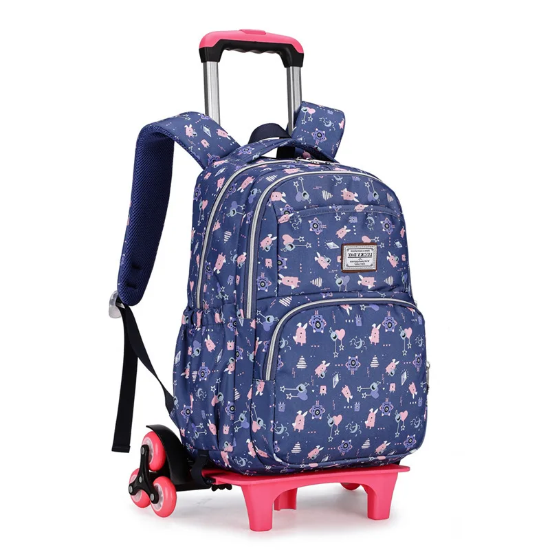 2023 Removable Wheeled Schoolbag Children Printing Luggage Book Bags Travel Waterproof Backpack Trolley School Bags for Girls