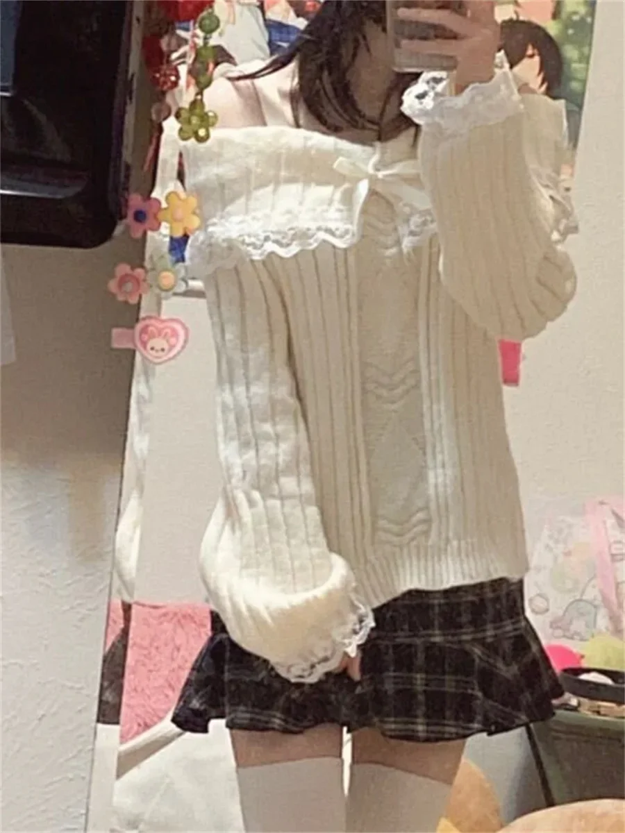 Женский вязаный пуловер Y2K с открытыми плечами и бантом