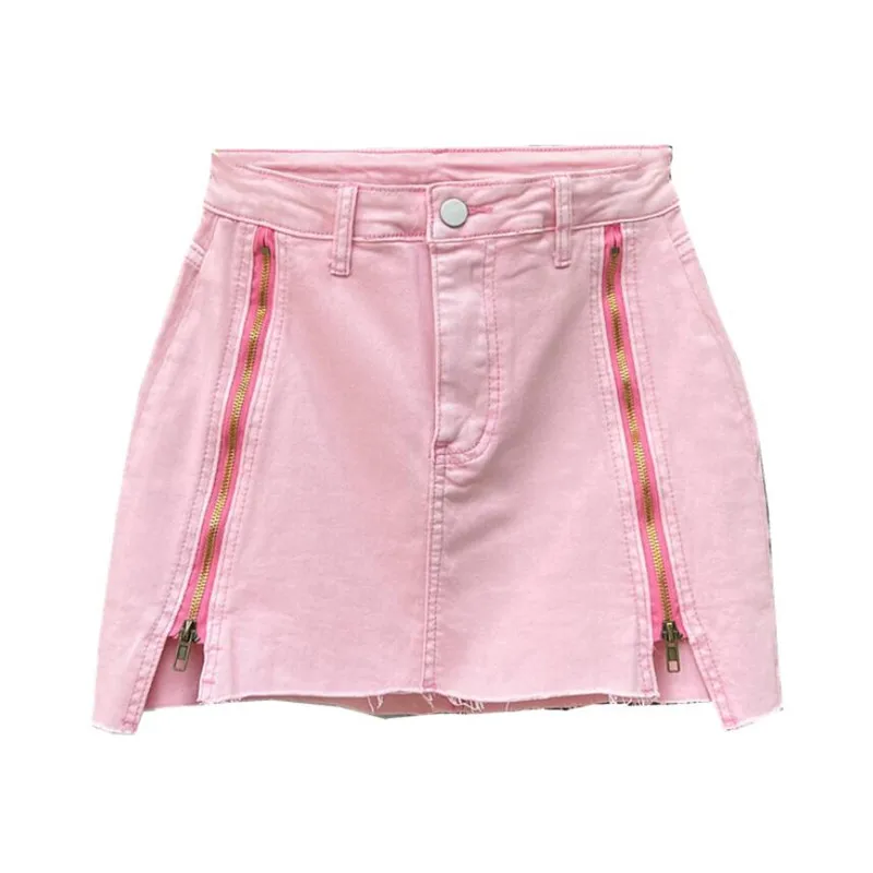 

Женская короткая джинсовая юбка, розовая трапециевидная юбка с завышенной талией и молнией, модель f87 на лето