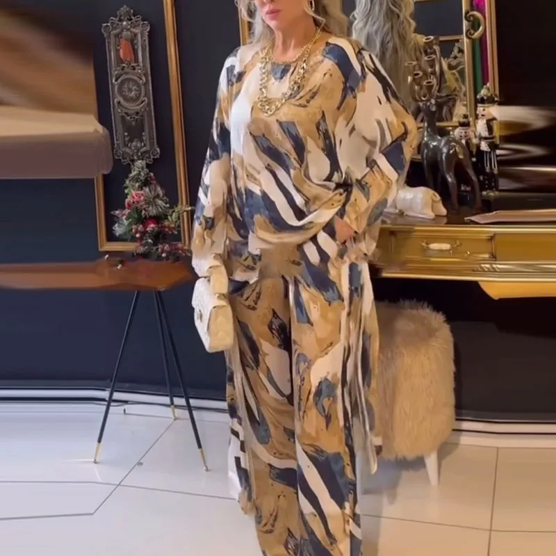 Женский элегантный осенний костюм 2024 блузка с круглым вырезом и длинными